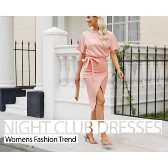 Womens Peach Belted Midi Dress Short Sleeve Office Cocktail Summer Party Dress S - Picture 13 of 14